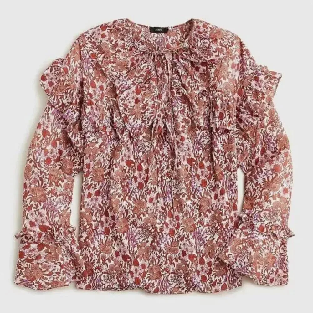 J. Crew Ruffle Crinkle Chiffon Top in Fête Floral